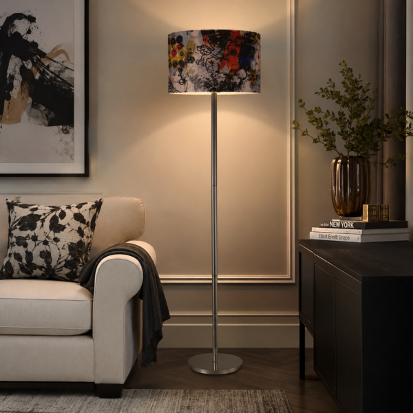 LLF Flynn N Abstract Floor Lamp with nickel base and multi colour abstract printed shade