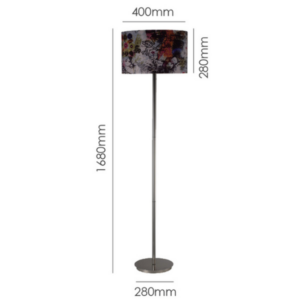 LLF Flynn N floor lamp featuring slender nickel stand and bold abstract fabric shade