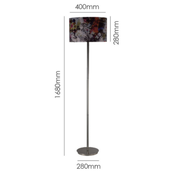 LLF Flynn N floor lamp featuring slender nickel stand and bold abstract fabric shade