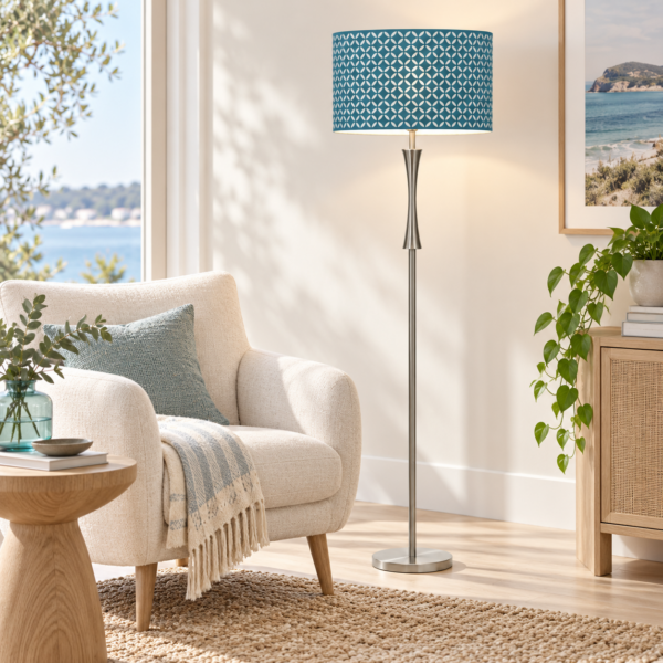 LLF Marilyn Blue contemporary floor lamp styled in modern living room interior setting