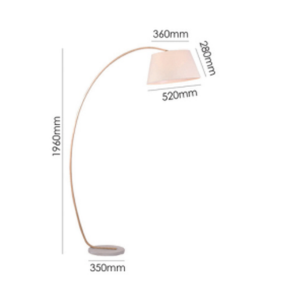 LLF Rooii arc floor lamp featuring curved timber metal arm and warm natural linen shade