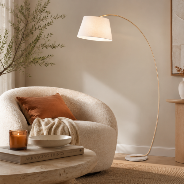 LLF Rooii Floor Lamp with sweeping timber metal arc and natural linen round tapered shade