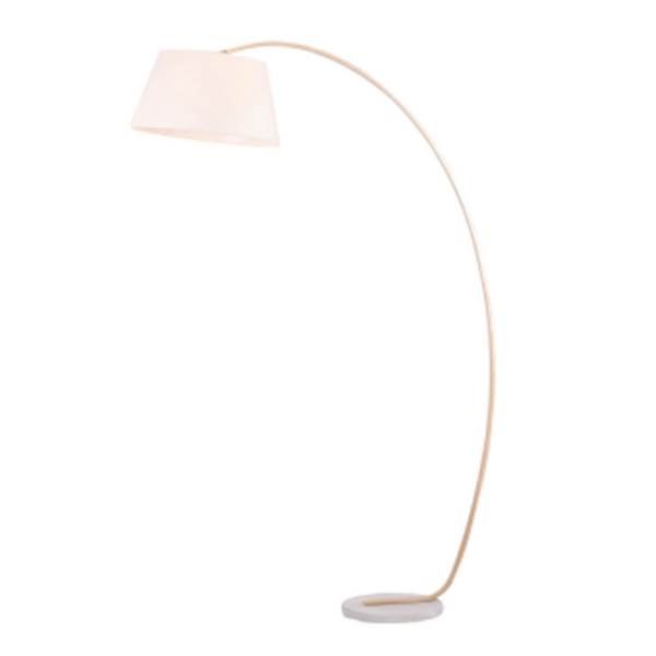 LLF Rooii Floor Lamp with sweeping timber metal arc and natural linen round tapered shade