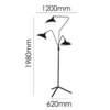 Floor Lamp with three black powder coated arms and white inner shades with tripod base
