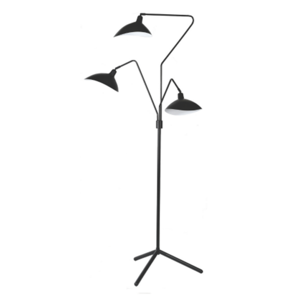 3LT Floor Lamp with three black powder coated arms and white inner shades on tripod base