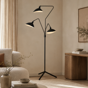 Floor Lamp with three black powder coated arms and white inner shades on tripod base