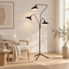 Floor Lamp with three black powder coated arms and white inner shades on tripod base