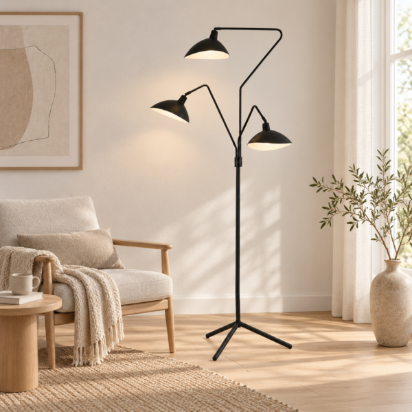 Floor Lamp with three black powder coated arms and white inner shades on tripod base