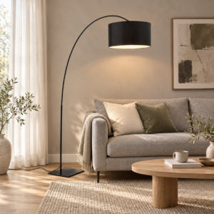 LLF Thurlow Black dramatic arc floor lamp styled in sophisticated contemporary living room interior