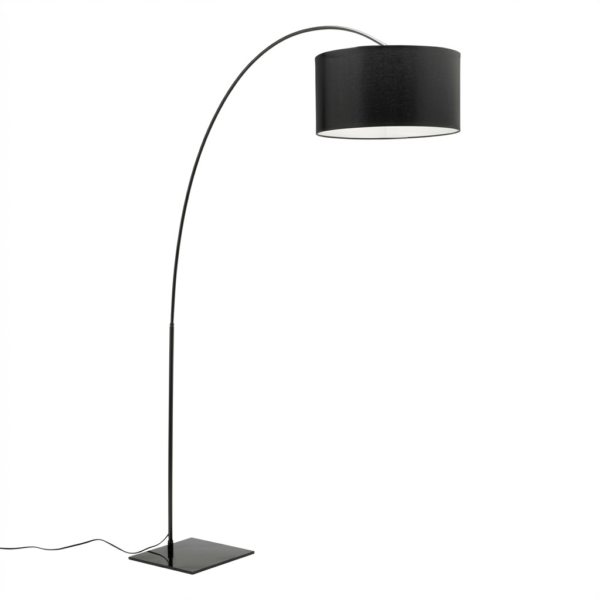 LLF Thurlow Black dramatic arc floor lamp styled in sophisticated contemporary living room interior