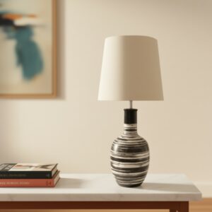 LLT Anise White Table Lamp with black and white spun pottery base