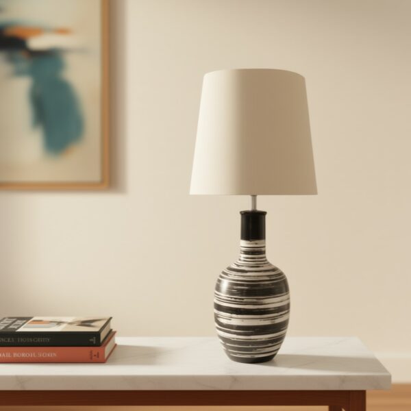 LLT Anise White Table Lamp with black and white spun pottery base
