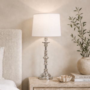LLT Brooke Misty White Table Lamp with silver plated chrome base