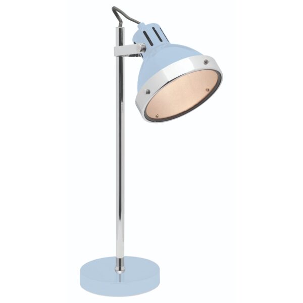 LLT Caddy Blue Table Lamp with chrome base and adjustable blue spotlight head