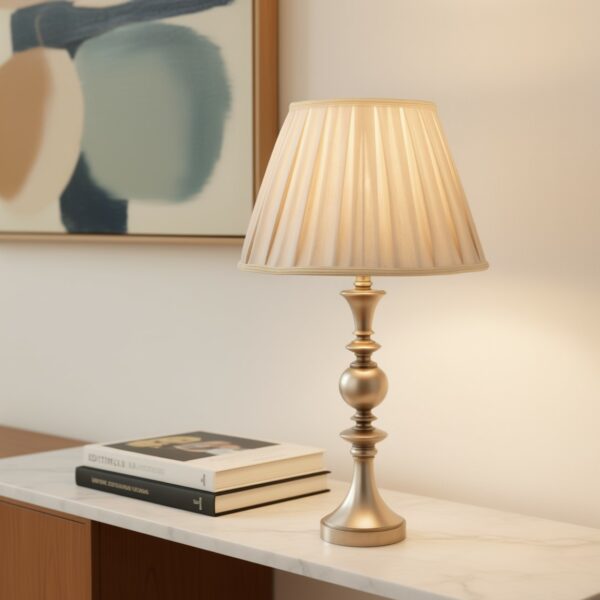 LLT Callia Pewter Deluxe Table Lamp with sculpted metal base and grey shade