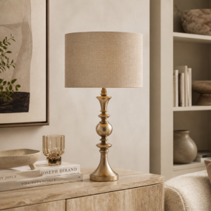 LLT Callia Pewter Linen Sand Table Lamp with classic silhouette