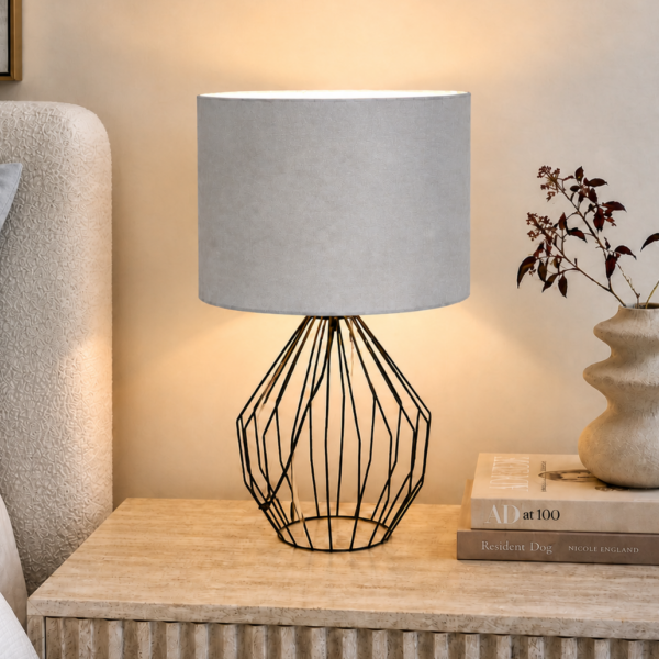 LLT Capri Black Cloud Table Lamp with black wire base and grey shade