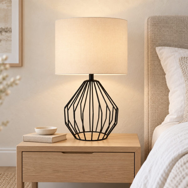 Scandinavian bedside lamp with geometric black base