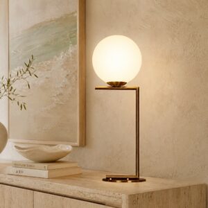 LLT Eris Table Lamp with antique gold base and opal glass globe