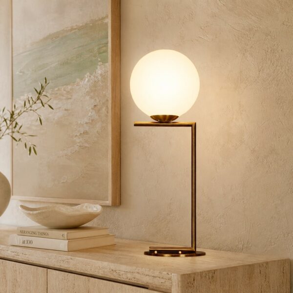 LLT Eris Table Lamp with antique gold base and opal glass globe