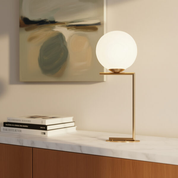 LLT Eris Table Lamp with antique gold base and opal glass globe