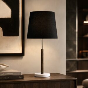 LLT Jenkins Black Table Lamp with unpolished marble base and timber stem