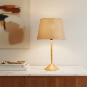 LLT Tex Hessian Table Lamp with timber finish base and linen shade