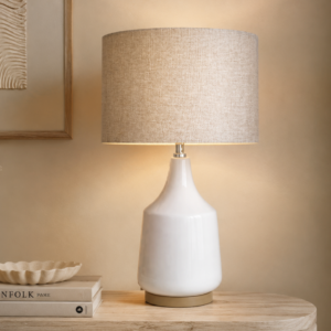 LLT Torquay Mini Natural table lamp styled on timber sideboard in warm contemporary living room interior