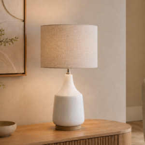 LLT Torquay Mini Natural table lamp styled on timber sideboard in warm contemporary living room interior
