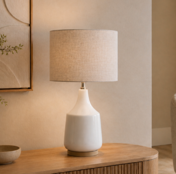 LLT Torquay Mini Natural table lamp styled on timber sideboard in warm contemporary living room interior