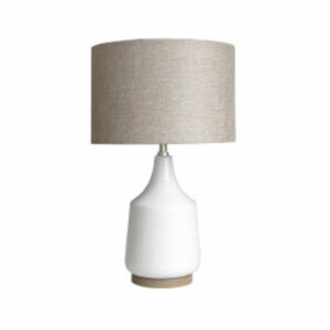 LLT Torquay Mini table lamp featuring smooth white ceramic base with faux timber finish and natural linen shade
