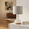 LLT Zeally Stone Table Lamp with white glass and timber base