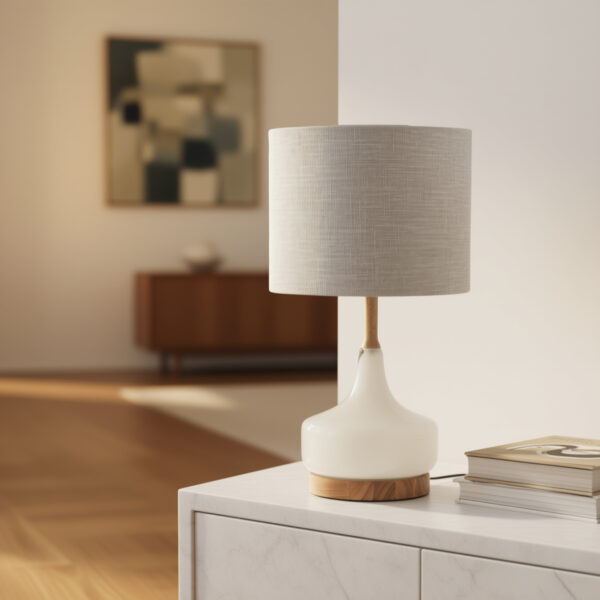 LLT Zeally Stone Table Lamp with white glass and timber base