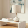 Modern table lamp with natural timber and neutral tones