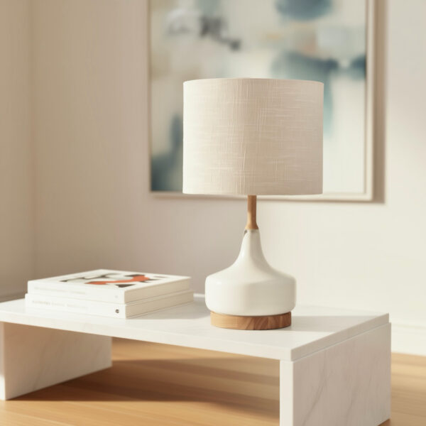 Modern table lamp with natural timber and neutral tones