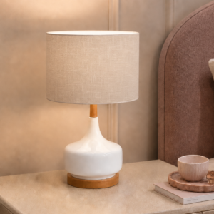 LLT Zeally Vanilla table lamp used in a warm modern living room interior