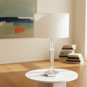 LLT Zeina White Table Lamp with faceted crystal stem and chrome base