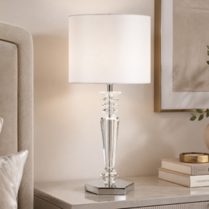 LLT Zeina White Table Lamp with faceted crystal stem and chrome base