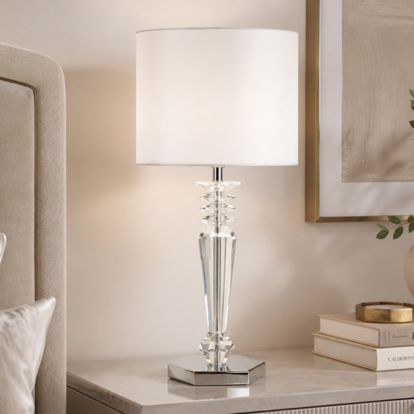 LLT Zeina White Table Lamp with faceted crystal stem and chrome base