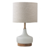 White glass table lamp featuring vanilla textured drum shade