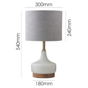 Modern white glass table lamp with a natural timber foundation