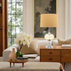 LLT Buttercup Table Lamp with chrome base and yellow glass body