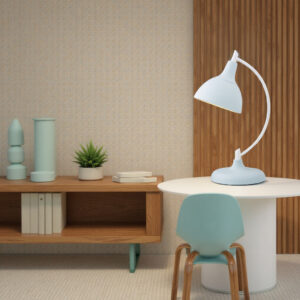 LLT Mae Rain Table Lamp with pastel blue shade and white base