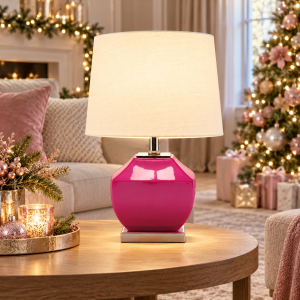 LLT Chai Pink White Table Lamp with hexagonal pink ceramic base