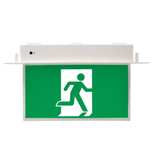 Recessed slimline LED exit light with running man sign and 24m viewing distance