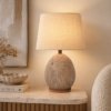 LLT Delu Table Lamp with faux timber base and taupe linen shade
