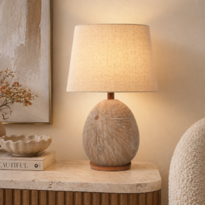 LLT Delu Table Lamp with faux timber base and taupe linen shade