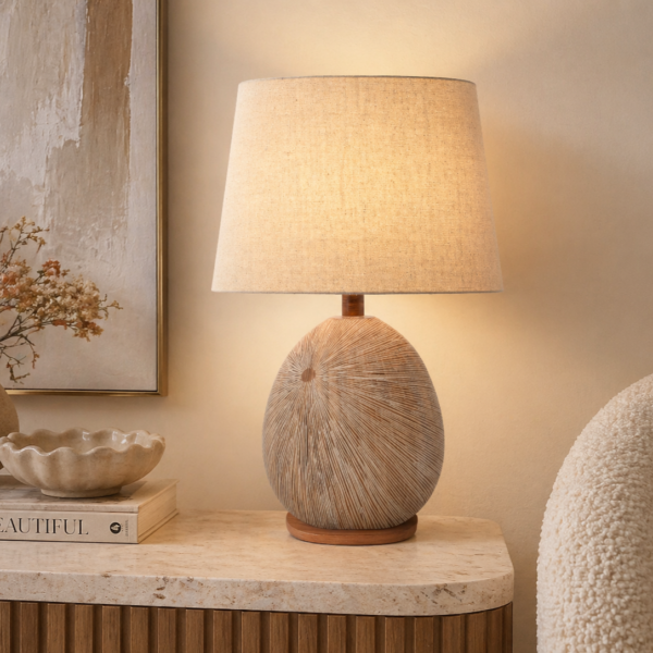 LLT Delu Table Lamp with faux timber base and taupe linen shade