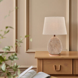 LLT Delu Table Lamp with faux timber base and taupe linen shade