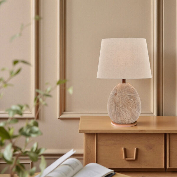LLT Delu Table Lamp with faux timber base and taupe linen shade